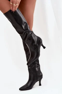 Kozaki Damskie Na Szpilce Z Eko Skóry Czarne Karella