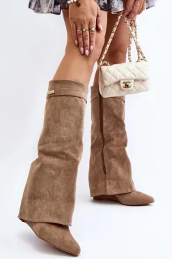 Kozaki Damskie Na Ukrytym Koturnie Beżowe Pattia