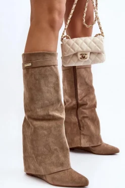 Kozaki Damskie Na Ukrytym Koturnie Beżowe Pattia