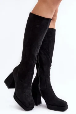 Kozaki Damskie Ocieplane Na Masywnym Obcasie Czarne Layala