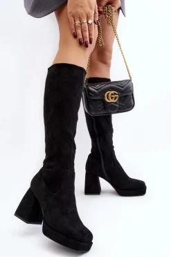 Kozaki Damskie Ocieplane Na Masywnym Obcasie Czarne Layala