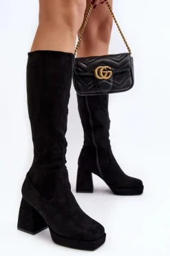 Kozaki Damskie Ocieplane Na Masywnym Obcasie Czarne Layala