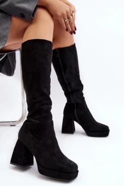 Kozaki Damskie Ocieplane Na Masywnym Obcasie Czarne Layala