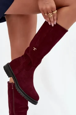 Kozaki Damskie Ocieplane Na płaskim Obcasie Eko Zamszowe Bordowe Delyssa