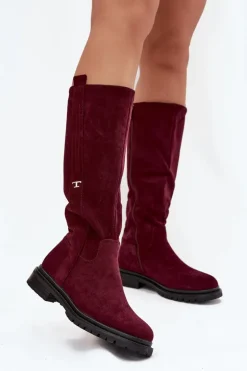 Kozaki Damskie Ocieplane Na płaskim Obcasie Eko Zamszowe Bordowe Delyssa