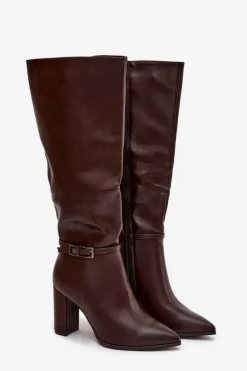 Kozaki Damskie Ocieplane Na Słupku Z Klamrą Czekoladowe Fionelle