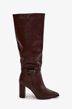 Kozaki Damskie Ocieplane Na Słupku Z Klamrą Czekoladowe Fionelle