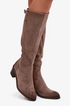 Kozaki Damskie Ocieplane Na Obcasie Ze Złotą Klamrą Vinceza 58589 Ciemnobeżowe