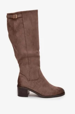 Kozaki Damskie Ocieplane Na Obcasie Ze Złotą Klamrą Vinceza 58589 Ciemnobeżowe