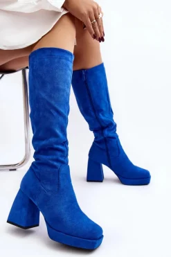 Kozaki Damskie Ocieplane Na Masywnym Obcasie Niebieski Layala
