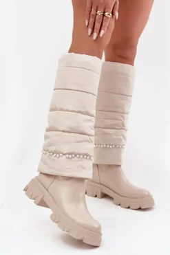 Kozaki Damskie Ocieplane Z Koralikami Jasnobeżowe Irvette