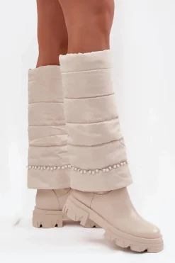 Kozaki Damskie Ocieplane Z Koralikami Jasnobeżowe Irvette