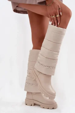 Kozaki Damskie Ocieplane Z Koralikami Jasnobeżowe Irvette