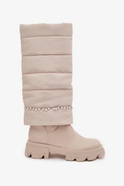 Kozaki Damskie Ocieplane Z Koralikami Jasnobeżowe Irvette