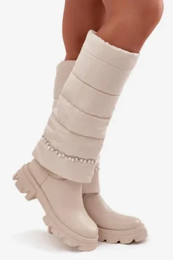 Kozaki Damskie Ocieplane Z Koralikami Jasnobeżowe Irvette