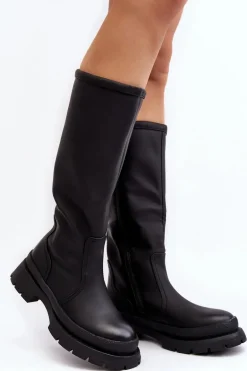 Kozaki Damskie Ocieplane Na Płaskim Obcasie Czarne Desiren