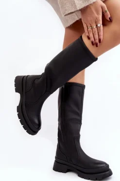 Kozaki Damskie Ocieplane Na Płaskim Obcasie Czarne Desiren