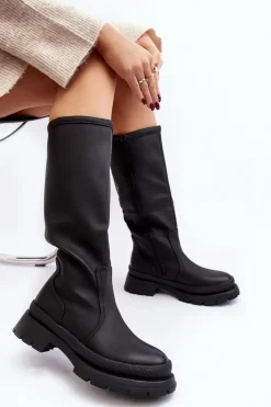 Kozaki Damskie Ocieplane Na Płaskim Obcasie Czarne Desiren