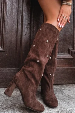 Kozaki Damskie Ocieplane Na Słupku Z Ozdobnymi Detalami Czekoladowe Lucinda