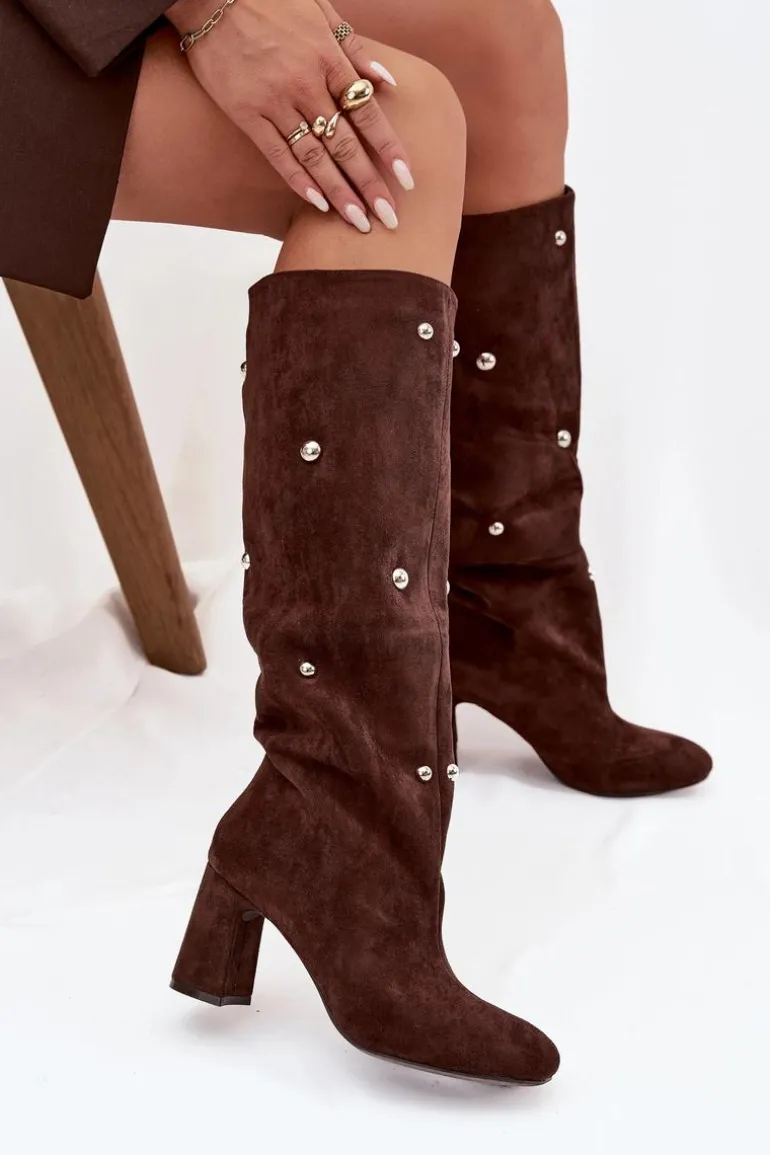 Kozaki Damskie Ocieplane Na Słupku Z Ozdobnymi Detalami Czekoladowe Lucinda