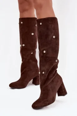 Kozaki Damskie Ocieplane Na Słupku Z Ozdobnymi Detalami Czekoladowe Lucinda