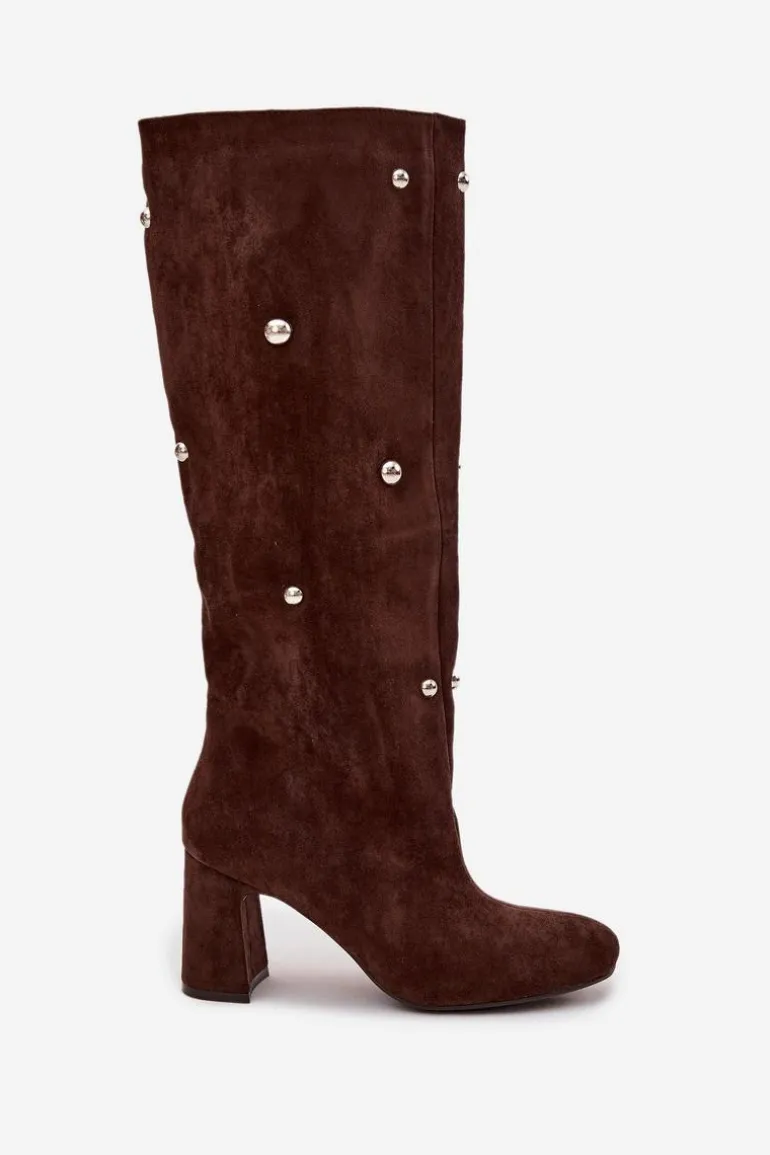 Kozaki Damskie Ocieplane Na Słupku Z Ozdobnymi Detalami Czekoladowe Lucinda