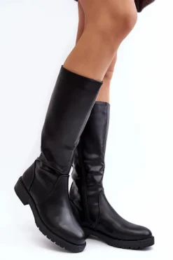 Kozaki Damskie Ocieplane Na Płaskim Obcasie Czarne Evelio