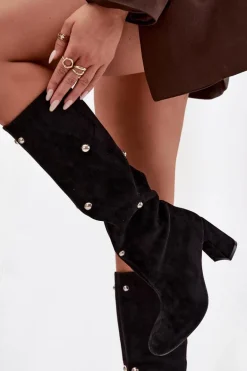 Kozaki Damskie Ocieplane Na Słupku Z Ozdobnymi Detalami Czarne Lucinda