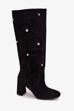 Kozaki Damskie Ocieplane Na Słupku Z Ozdobnymi Detalami Czarne Lucinda