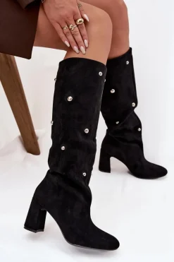 Kozaki Damskie Ocieplane Na Słupku Z Ozdobnymi Detalami Czarne Lucinda