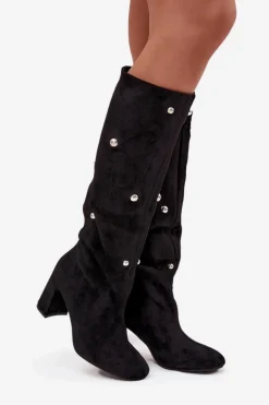 Kozaki Damskie Ocieplane Na Słupku Z Ozdobnymi Detalami Czarne Lucinda