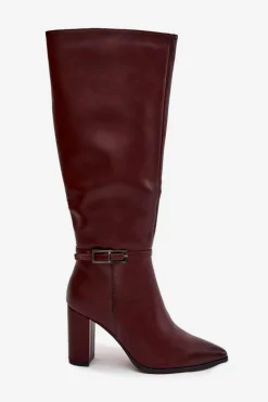 Kozaki Damskie Ocieplane Na Słupku Z Klamrą Bordowe Fionelle