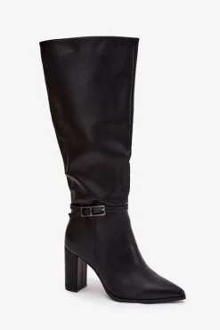 Kozaki Damskie Ocieplane Na Słupku Z Klamrą Czarne Fionelle