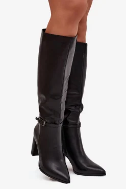 Kozaki Damskie Ocieplane Na Słupku Z Klamrą Czarne Fionelle