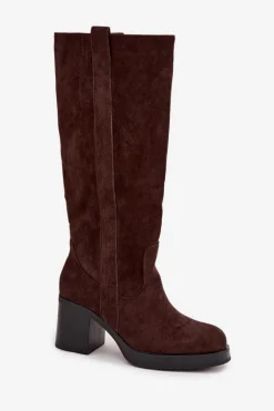 Kozaki Damskie Ocieplane Na Masywnym Słupku Czekoladowe Sanelle