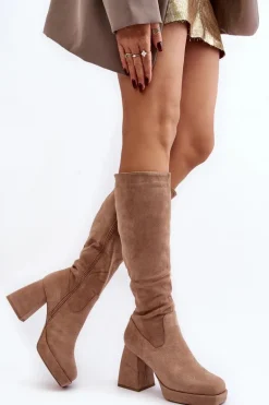 Kozaki Damskie Ocieplane Na Masywnym Obcasie Beżowe Layala