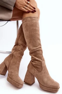 Kozaki Damskie Ocieplane Na Masywnym Obcasie Beżowe Layala