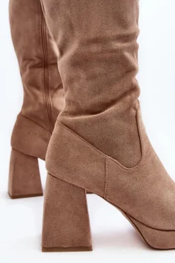 Kozaki Damskie Ocieplane Na Masywnym Obcasie Beżowe Layala