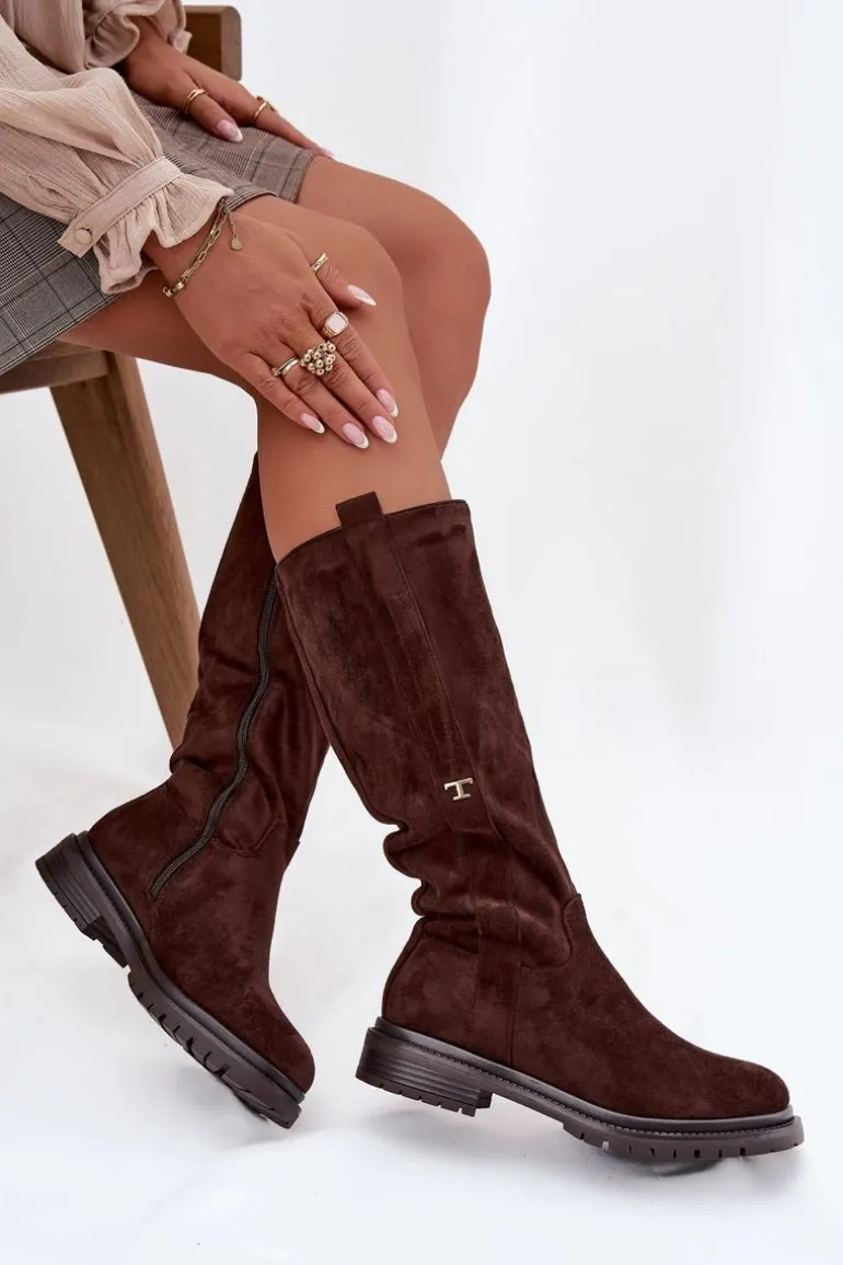 Kozaki Damskie Ocieplane Na płaskim Obcasie Eko Zamszowe Czekoladowe Delyssa