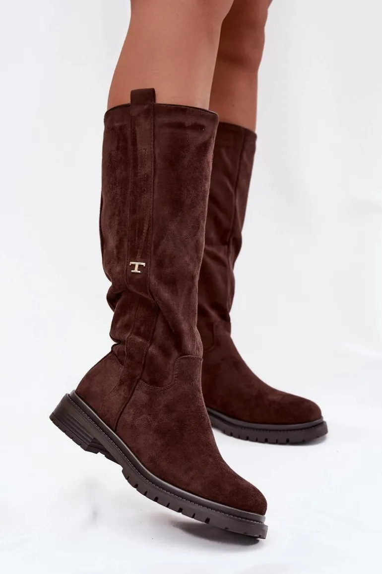 Kozaki Damskie Ocieplane Na płaskim Obcasie Eko Zamszowe Czekoladowe Delyssa