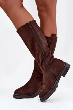 Kozaki Damskie Ocieplane Na płaskim Obcasie Eko Zamszowe Czekoladowe Delyssa