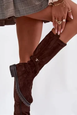 Kozaki Damskie Ocieplane Na płaskim Obcasie Eko Zamszowe Czekoladowe Delyssa