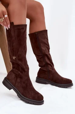 Kozaki Damskie Ocieplane Na płaskim Obcasie Eko Zamszowe Czekoladowe Delyssa