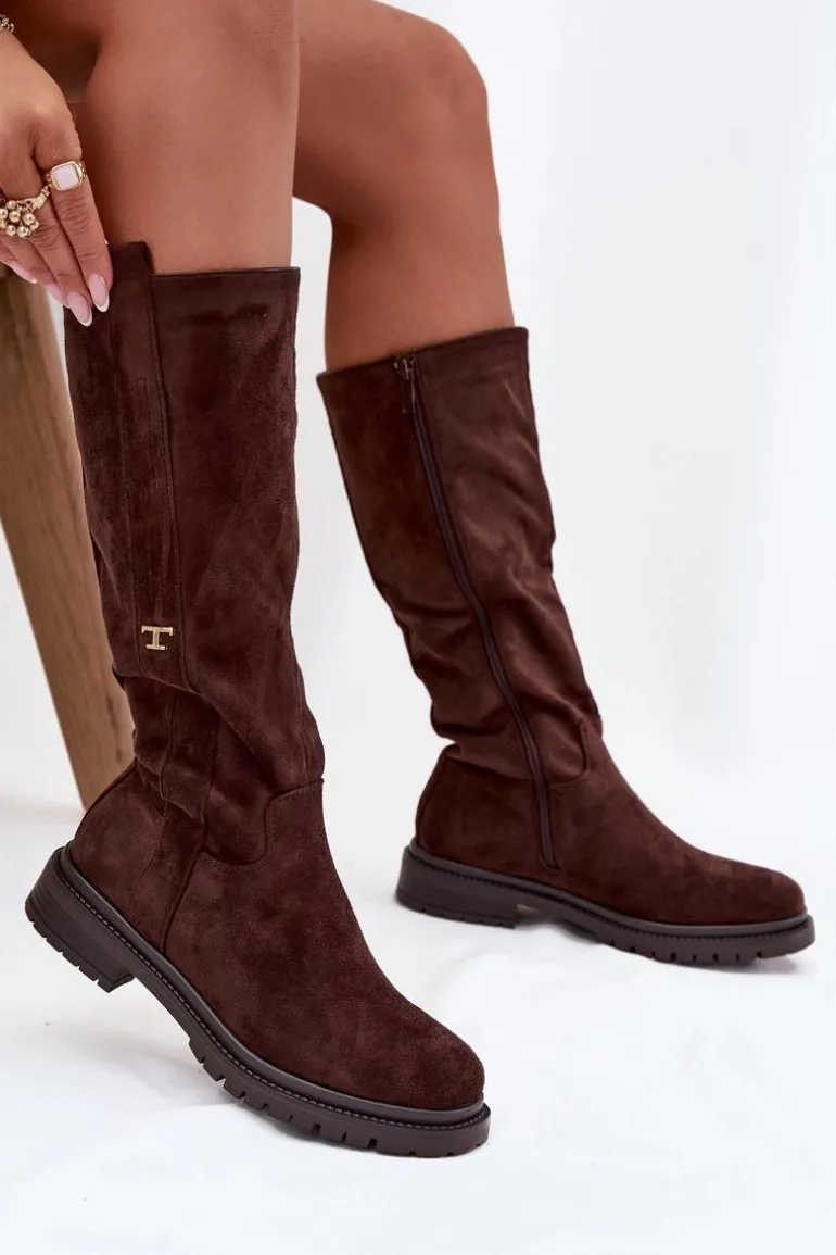 Kozaki Damskie Ocieplane Na płaskim Obcasie Eko Zamszowe Czekoladowe Delyssa