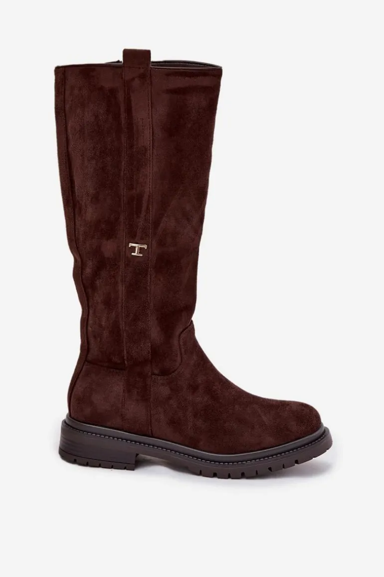 Kozaki Damskie Ocieplane Na płaskim Obcasie Eko Zamszowe Czekoladowe Delyssa