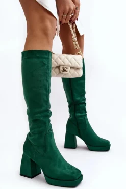 Kozaki Damskie Ocieplane Na Masywnym Obcasie Zielone Layala