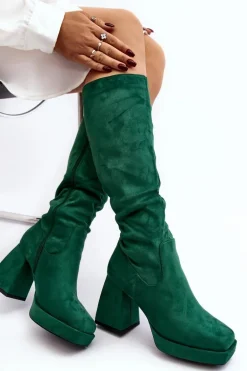 Kozaki Damskie Ocieplane Na Masywnym Obcasie Zielone Layala