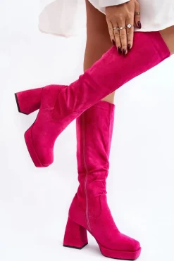 Kozaki Damskie Ocieplane Na Masywnym Obcasie Fuksja Layala