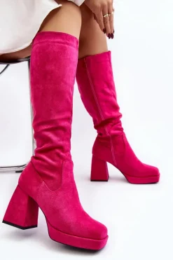 Kozaki Damskie Ocieplane Na Masywnym Obcasie Fuksja Layala