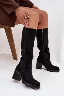 Kozaki Damskie Ocieplane Na Masywnym Słupku Czarne Sanelle